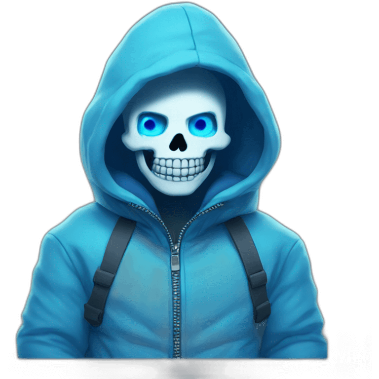 Sans the skeleton with blue glowing left eye wearing a blue winter jacket emoji