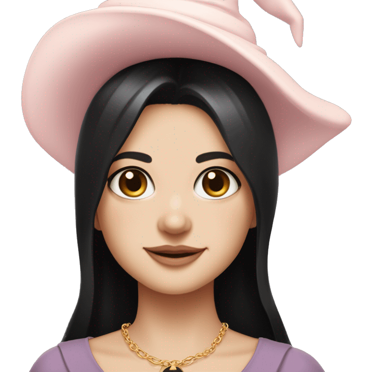 Witchy chocolate black haired brown eyed light freckles white girl with a witty smile a gold necklace and a black witch hat with a baby pink bow emoji