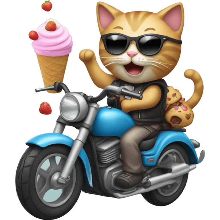 Cat riding motorcycle with sunglasses and icecream emoji