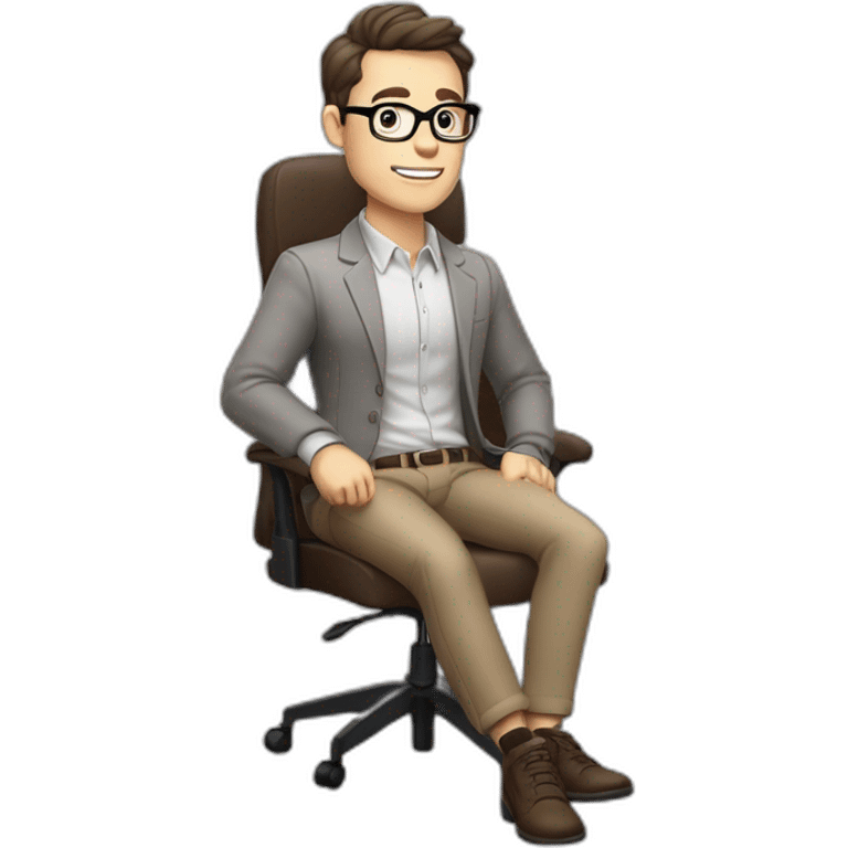 😝 Pale skinned Fit Man With dark brown hair in gray jacket, beige office shirt, Brown pants and vintage glasses sitting In a soft chair with a notebook and a pen emoji