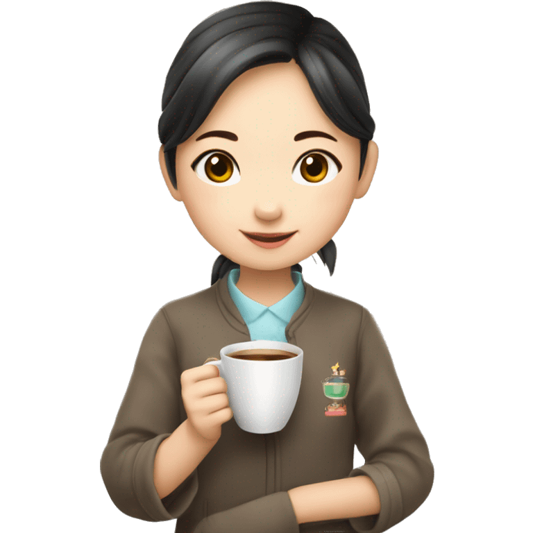 Create an animated emoji: a lovely Chinese little girl pushing a cup of hot coffee in and saying “thank you, my teacher!” The girl is just as high as the cup. emoji