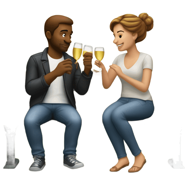 couple of white people with brown hair, sitting closely on a park bench, enjoying a romantic moment. One person is holding a croissant, and the other is holding a glass of Prosecco.  emoji