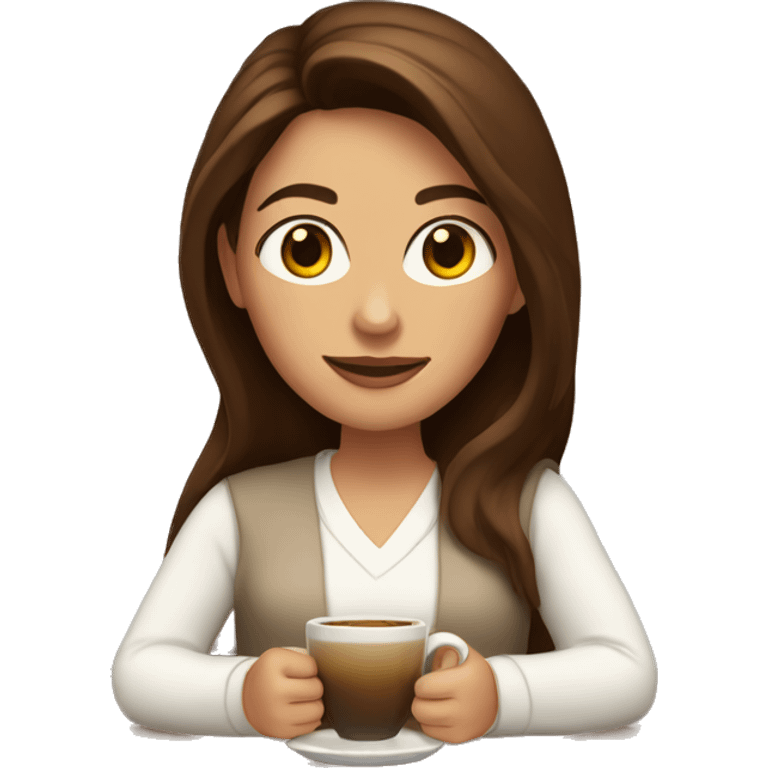 Woman with long brown hair, brown eyes, in white cardigan, with a cup of coffee in her hand emoji