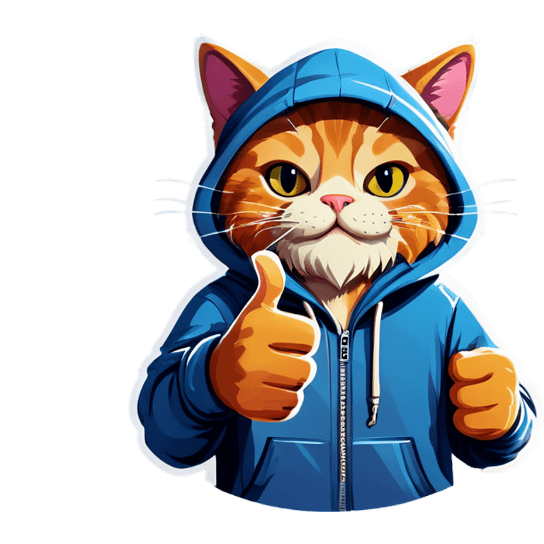 Cat with beard and hoodie , thumbs up emoji