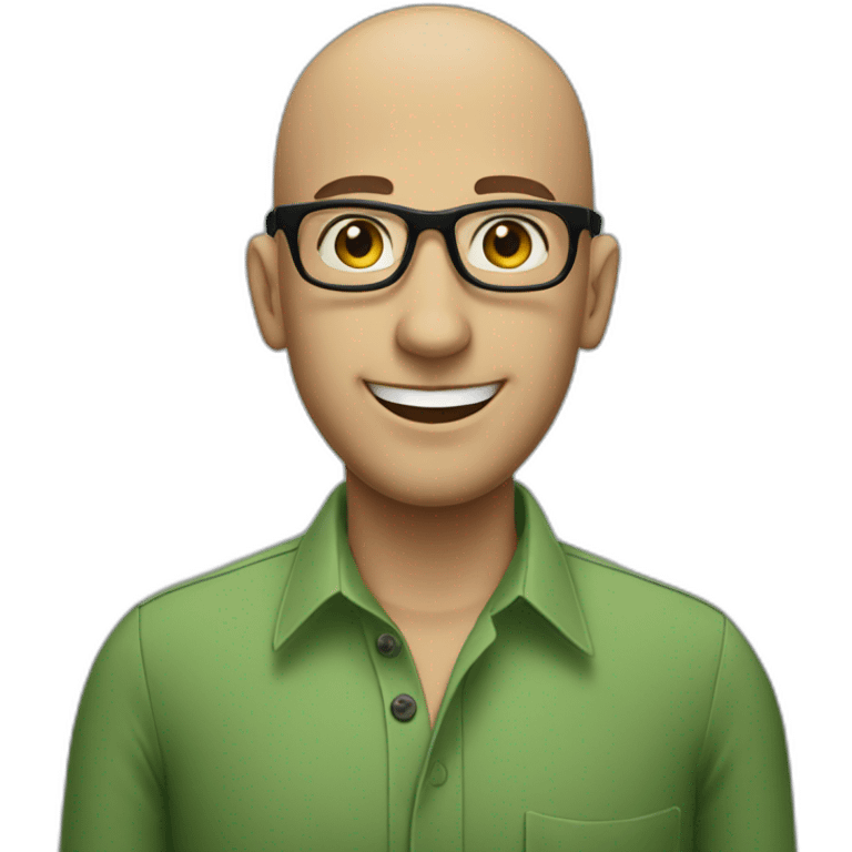 smiling jewish man with shaved head in rectangular black glasses and green button up shirt emoji