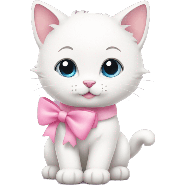 White kitty with a bow and pink hearts around emoji