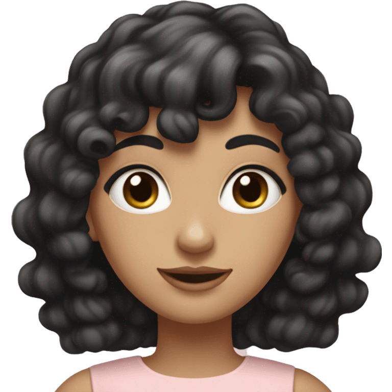 White woman with long black curly hair and bangs and dark brown eyes, wearing a pastel pink dress emoji