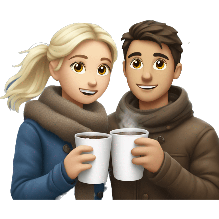 Blonde girl and brunette boy drinking hot cocoa when its snowing emoji