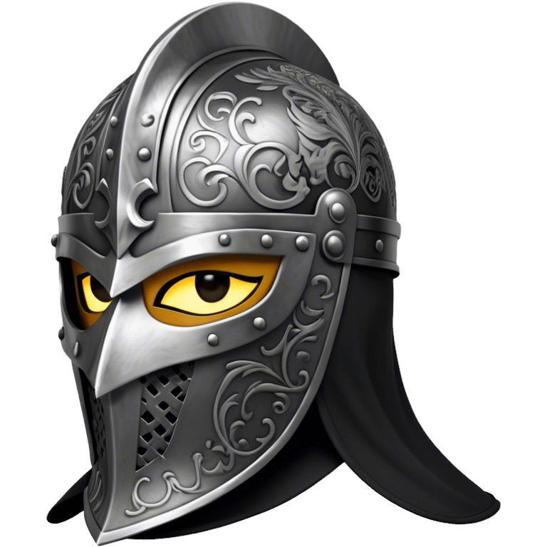 A masked knight with intricate black engravings on his steel helmet, eyes glowing with fury emoji