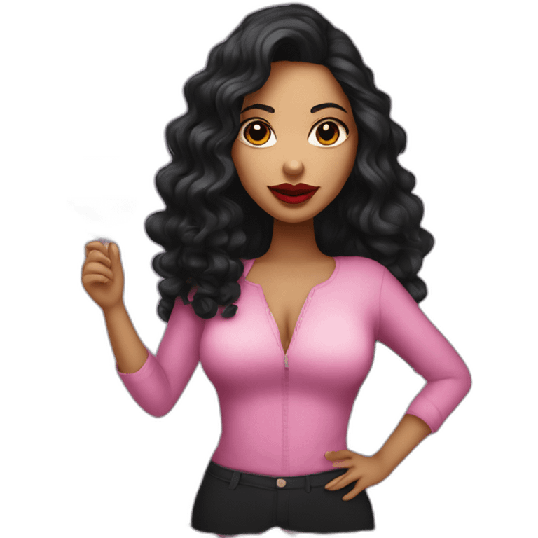 White latin girl with with pink big lips, long curly black hair and wine emoji