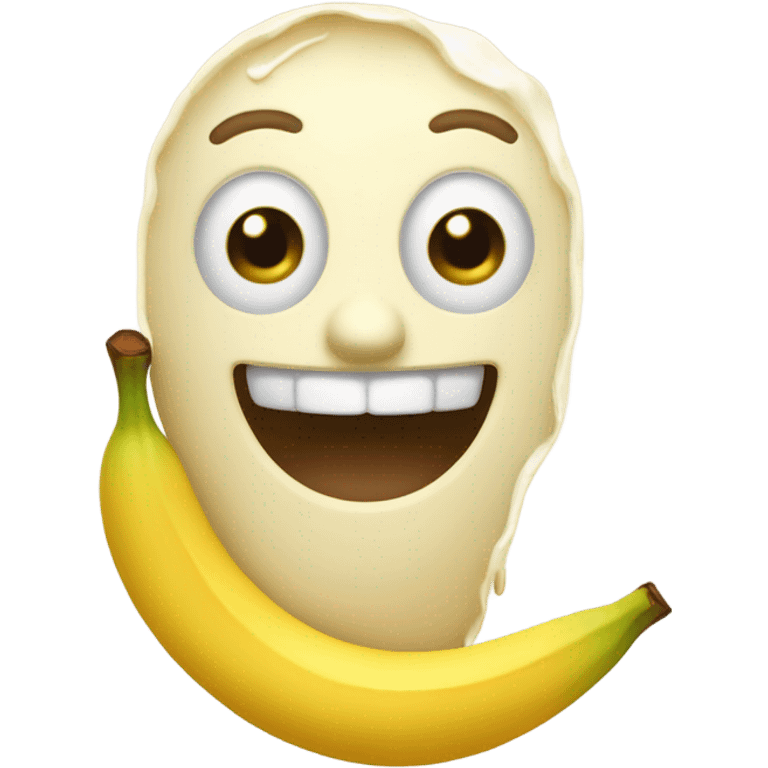 Create an emoji of a yellow face eating a banana that has been dipped in creamy coconut milk. The man is drooling. emoji