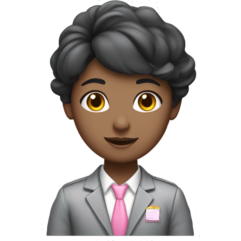 angelic black hair teacher in desk in grey pink uniform emoji