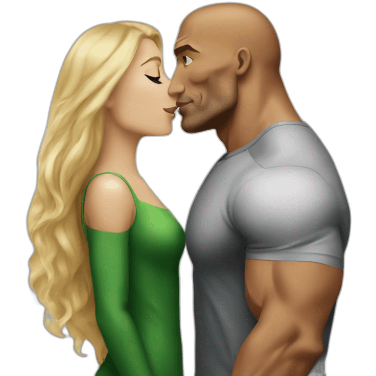 Dwayne Johnson kissing blond woman, with green eyes and very long hair emoji