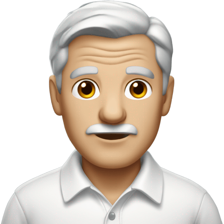 old english man, grey hair, no facial hair. wearing a white smart polo shirt with black buttons. emoji