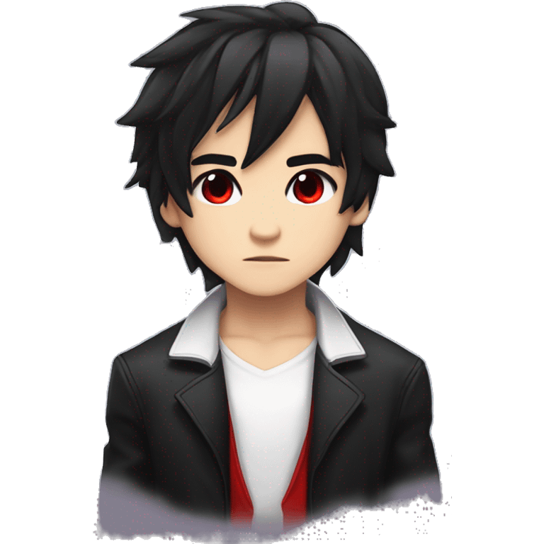 masterpiece, anime style, chibi, illustrated logo, medium short shot, twitch emote of a boy with red eyes, black hair, white locks, shoulder length hair, black jacket. emoji