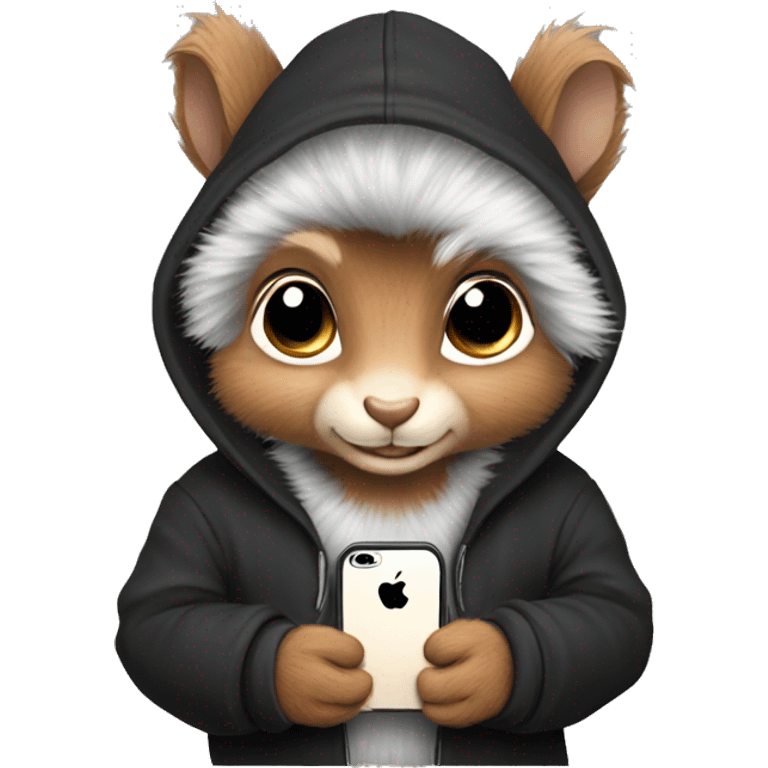 Cute realistic fluffy Squirrel with fluffy ears in black hoodie holding an iPhone  emoji