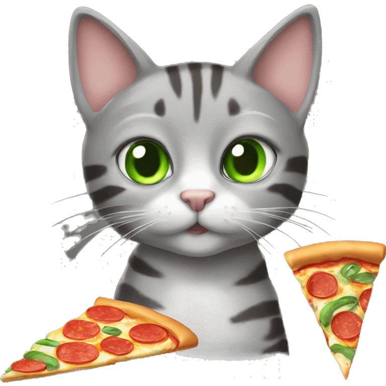 Gray tabby cat with green eyes eating a slice of pizza emoji