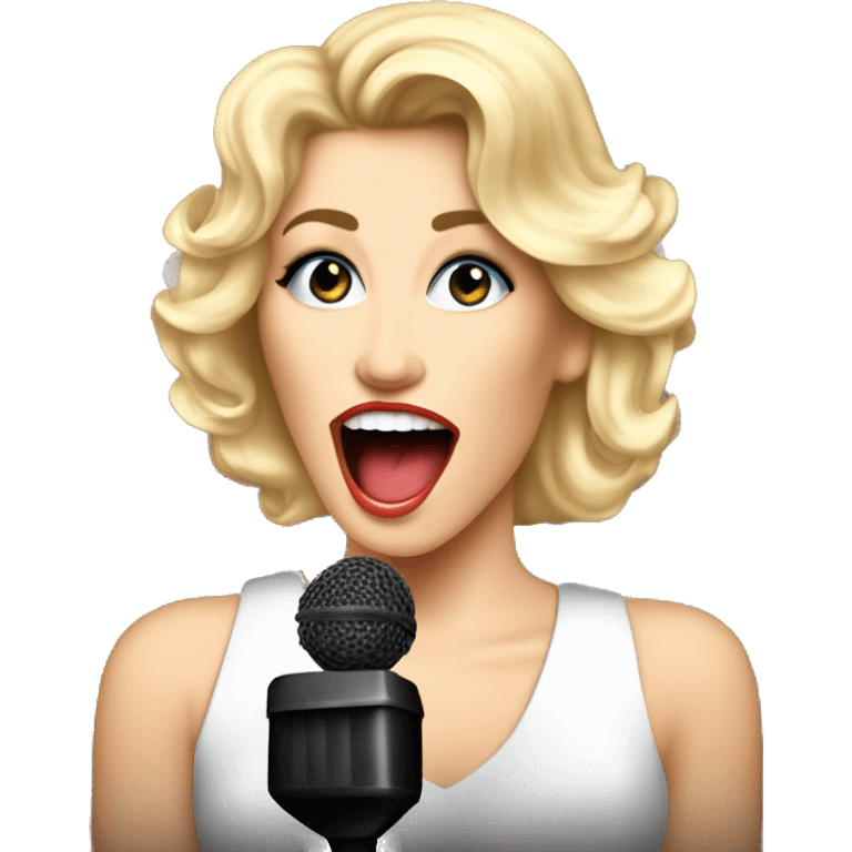 Beautiful Singer female with blond hair big volume 80's style, singing on the stage with microphone.  Retro rock 80-90's emoji