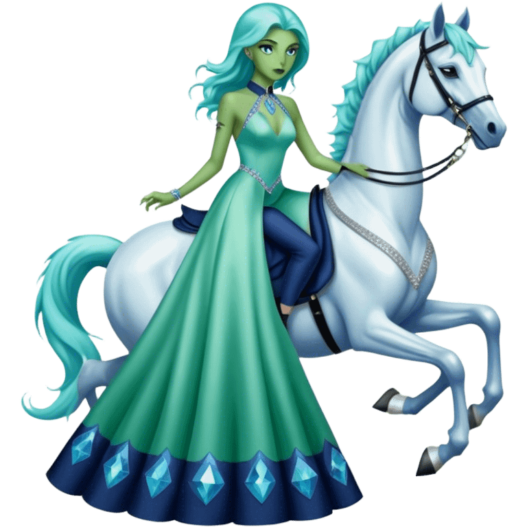 alien reptilian green skin woman, in long slim pastel blue formal party satin dress with gradient shiny sparkling navy blue diamonds embroidered , ride a White horse emoji