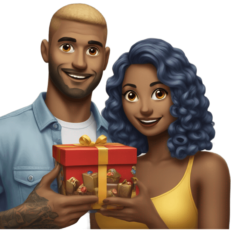 Hyper Realistic beautiful woman receiving a gift and a box of chocolates from a handsome tattooed man  emoji