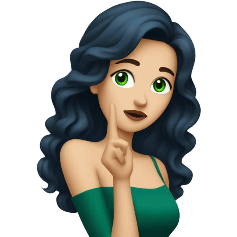 a brunette with long hair and green eyes and in a dark blue dress sends an air kiss emoji