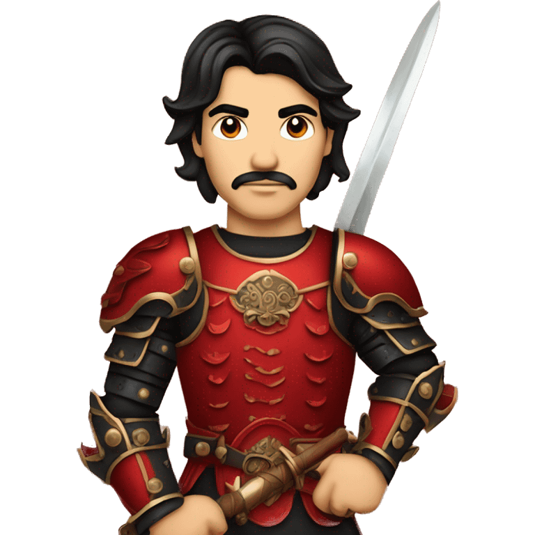 Vintage Tanned man with black hair and stern face wearing red and black armour holding sword vintage intricate patterns emoji