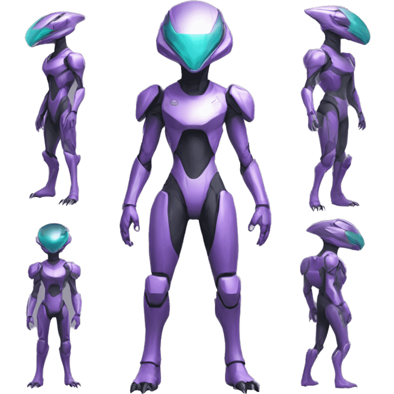 A Reptile-Raptor-Genesect-Mewtwo-Fakémon with a futuristic visor-helmet and wearing a techwear-suit Full Body emoji