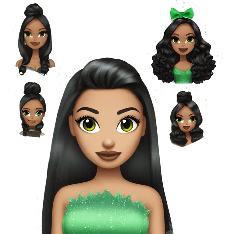 Bratz, club, cocktail dress, black balayage hair, half up half down hair, olive skin, green almond winged eyeliner with big lashes emoji