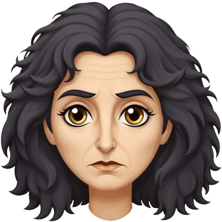 Mirri Maz Duur is a weathered, age 50 woman with deep-set dark eyes, high cheekbones, and a sharp nose, giving her a stern, knowing expression. Her long, unkempt dark frizzy hair  falls loosely over her shoulders emoji