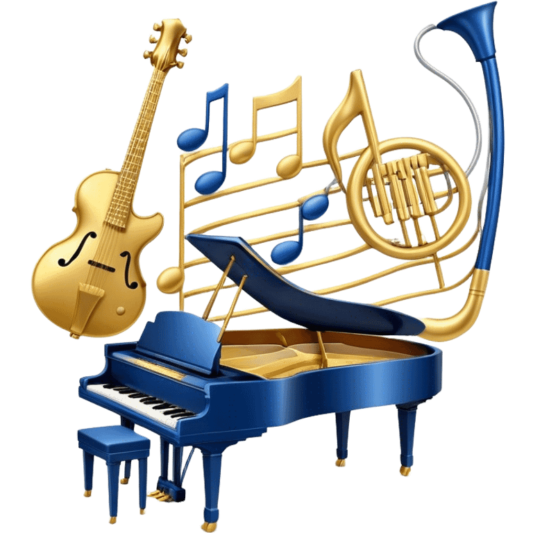 Create an elegant and artistic emoji that represents music arrangement and orchestration. The design should feature musical notes, a set of piano keys, a drum set, and an electric guitar to symbolize the diverse elements of orchestration and arrangement. Include a conductor's baton to emphasize the role of a conductor in bringing all the instruments together. Use a mix of rich colors like gold, silver, and deep blue for sophistication, and add flowing lines to represent the harmony between different instruments. The background should be transparent. emoji