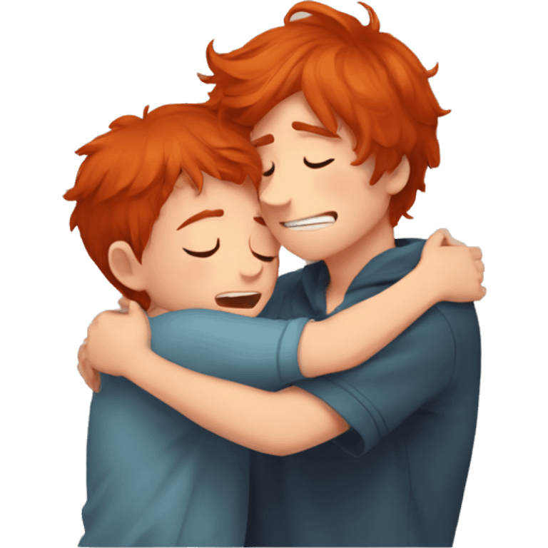 a red-haired boy hugs a crying brown-haired boy to comfort him emoji