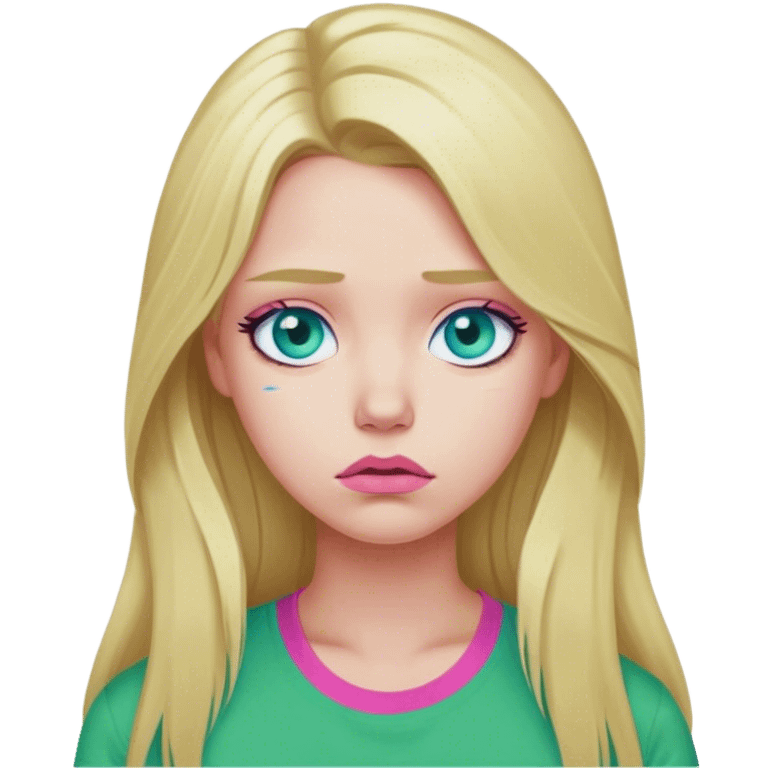 Cinematic realistic blonde with long hair, blue eyes and pink lips, wearing a green T-shirt, sad emoji