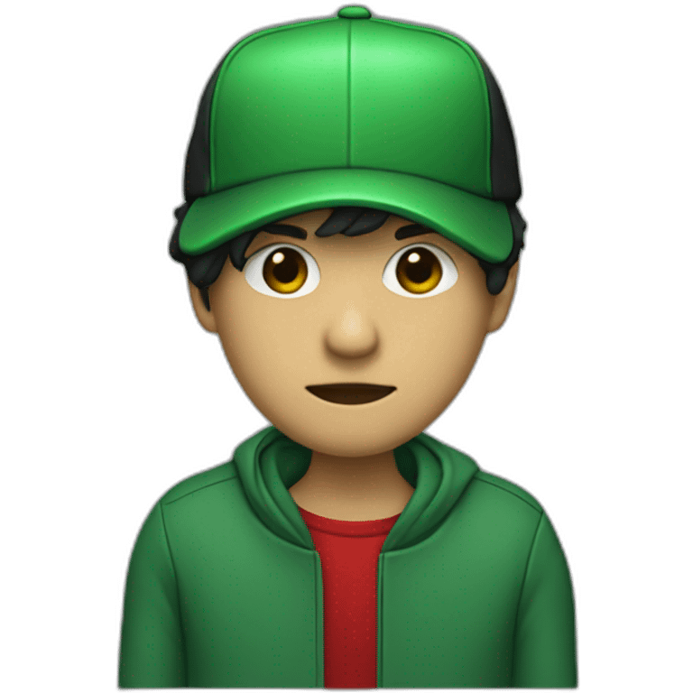 Someone with green skin no face green jacket black pants and a black cap with a Red R on it emoji