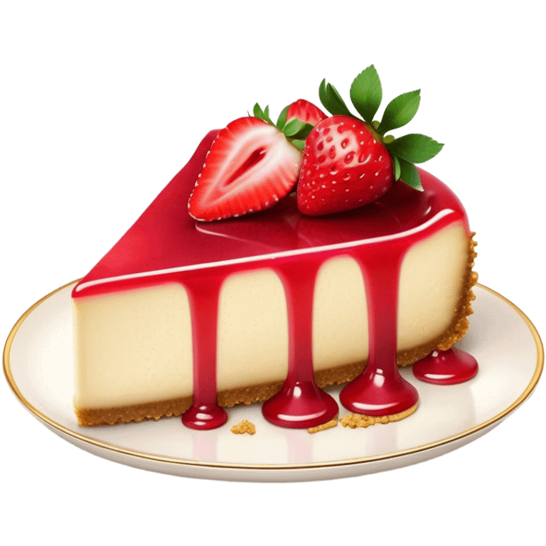 Cinematic creamy cheesecake, smooth and velvety, topped with fresh strawberries and a glossy fruit glaze, golden crumbly crust, beautifully plated, soft glowing background, indulgent and elegant. emoji