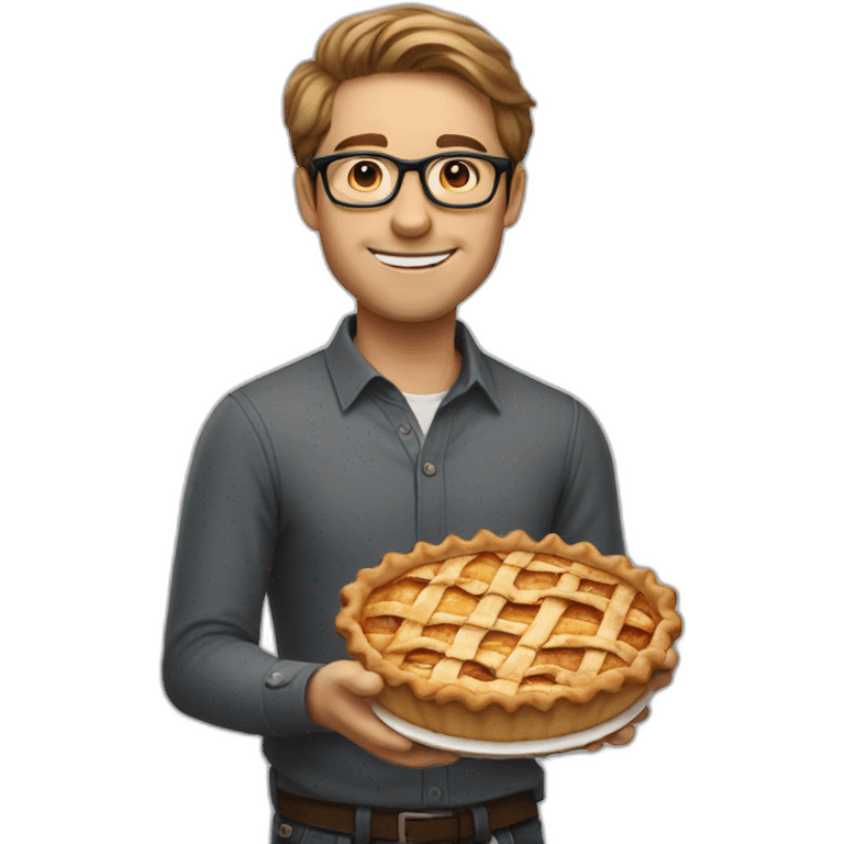 Short light brown hair guys with glasses eatings an apple pie emoji