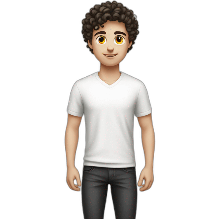 young white European guy with a white shirt and curly black short hairs emoji