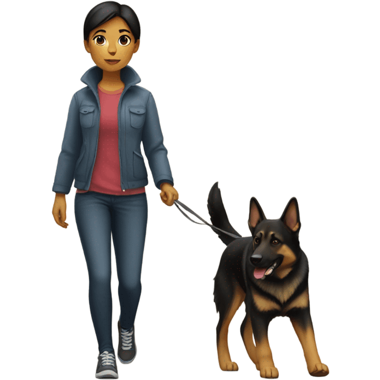 Girl with short dark hair walking a German shepherd emoji