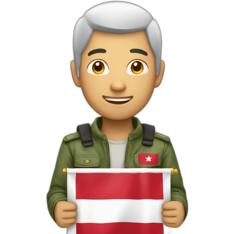 asian man holding Indonesian flag emoji