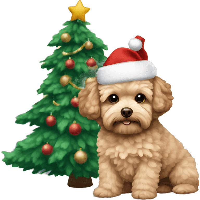 Brown, beige colored Maltipoo with Christmas hat and Christmas tree in the background  emoji