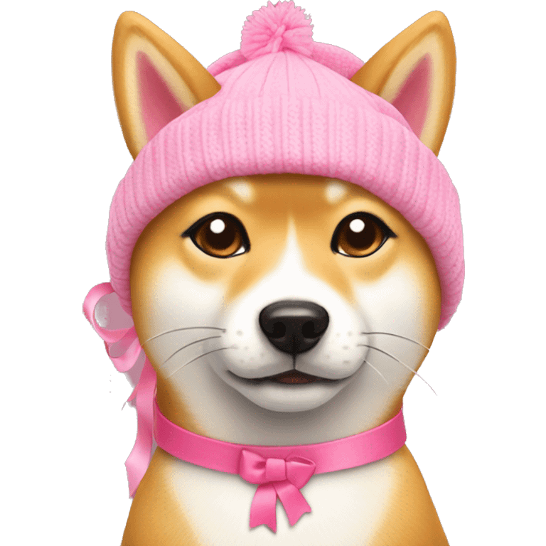 Shiba wear cat hat with pink ribbons  emoji