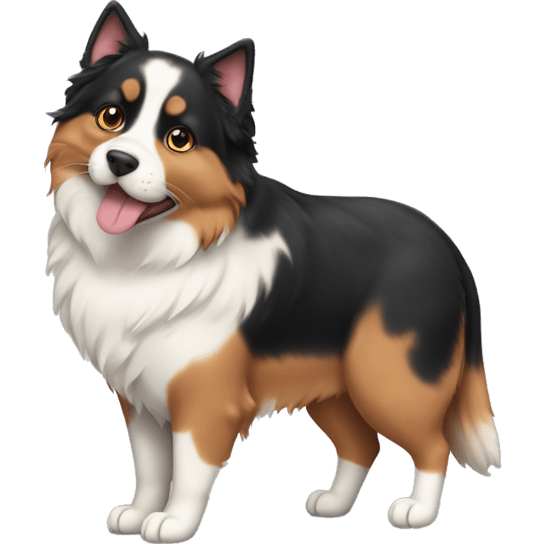 Fat calico cat with a black and tan Australian Shepard dog emoji