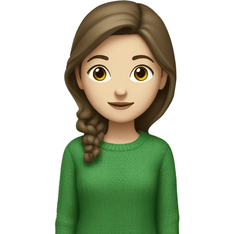 White girl with brown hair and brown eyes in a mosque green sweater emoji