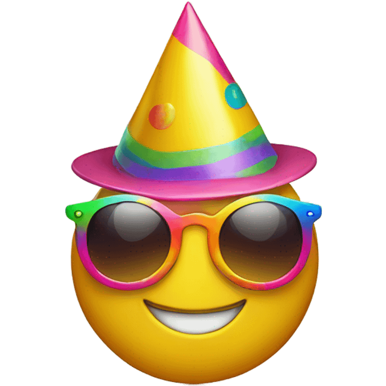 yellow, circle, smile, with party hat on, wearing colorful sunglasses emoji