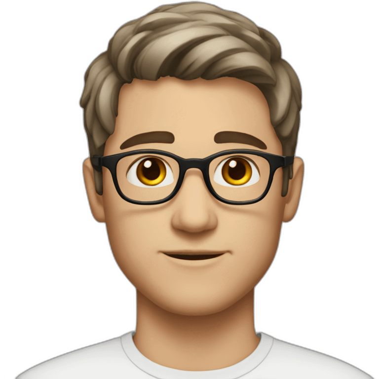 young white man, dark hair, brown eyes, rounded glasses emoji