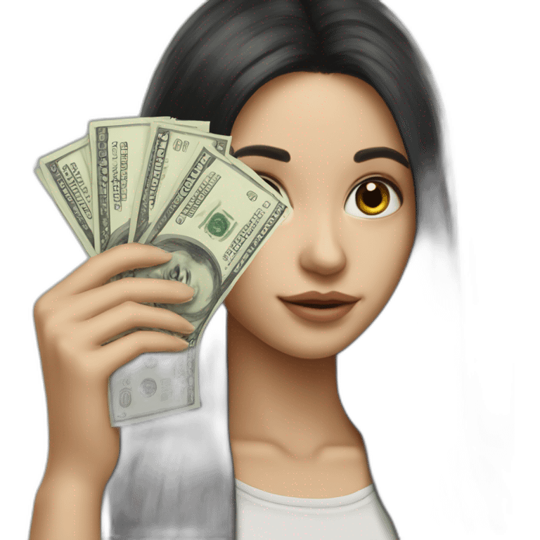 hyperrealist caucasian girl black long hair holding money emoji