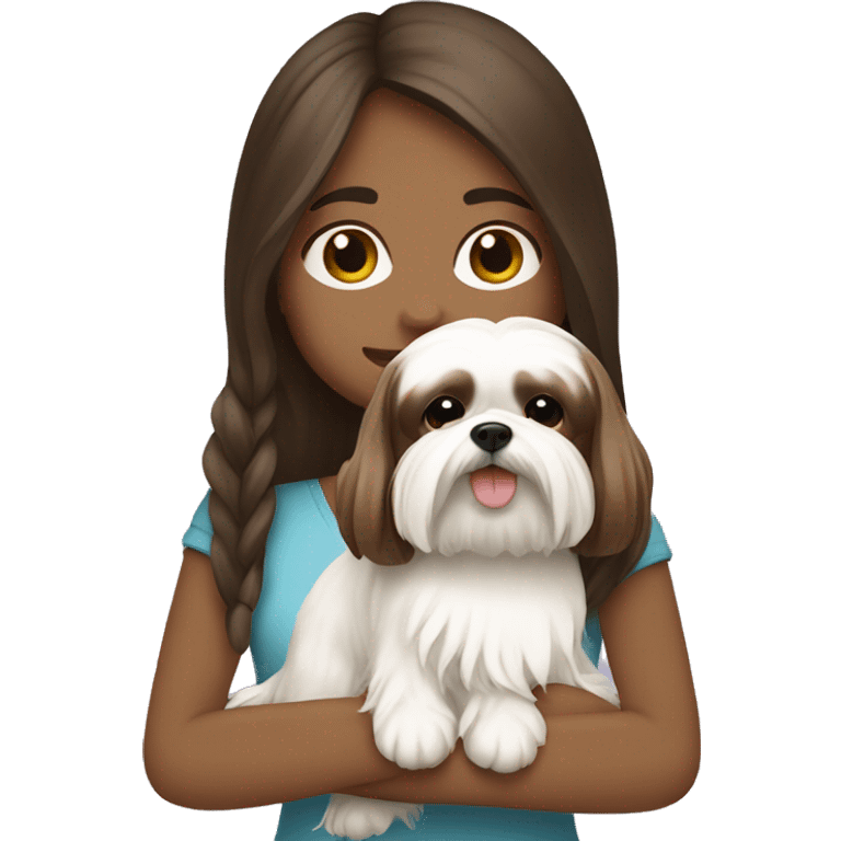 Girl with Brunette skin with brown long hair, hugging her white Shih tzu emoji