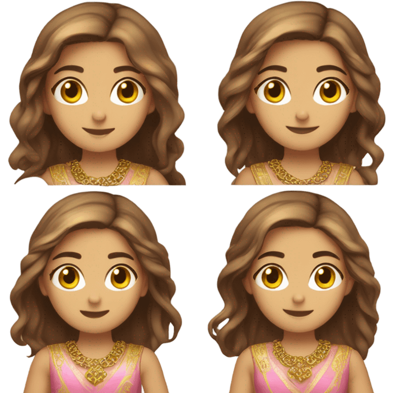 Full body kurdish girl in long pink kurdish dress brown hair wearing gold accessories on hair and neck emoji