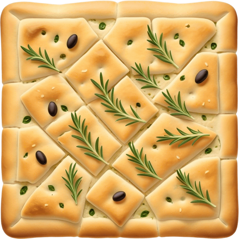 Focaccia Cinematic Realistic Focaccia Bread Dish Emoji, depicted as a golden, olive-oil brushed flatbread sprinkled with herbs, rendered with lifelike textures and warm, inviting lighting. emoji