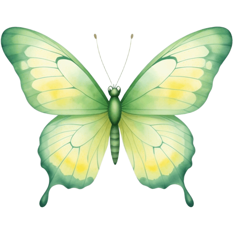 A delicate butterfly with translucent, pastel green wings, featuring subtle vein patterns and a gradient of light yellow and sage. The watercolor strokes give it a dreamy, ethereal appearance as it hovers in mid-air.
 emoji