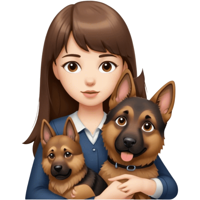 a brown long hair with bang beautiful hong kong pale skin girl holding one German Shepherd emoji